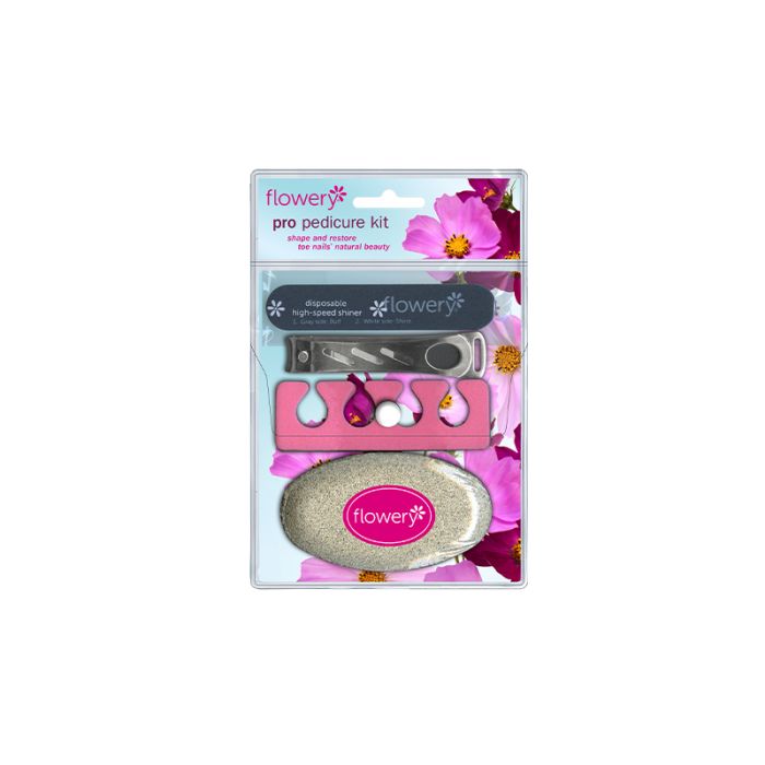 Front view of Flowery Limited Edition Pro-pedicure kit in a wall-hook ready retail pack