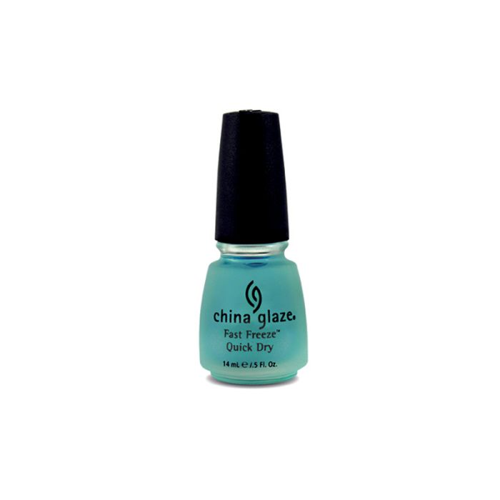 Frontal view of China Glaze Fast Freeze Quick Dry in Aqua blue bottle of nail lacquer quick dry top coat