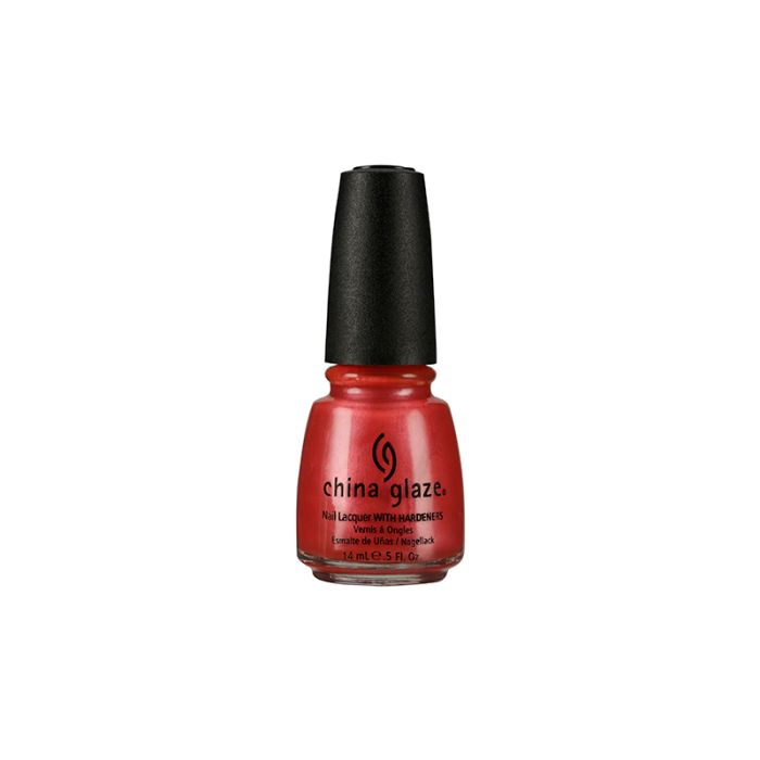 Glossy red nail polish bottle in white background from China Glaze Nail Lacquer in Coral Star variant