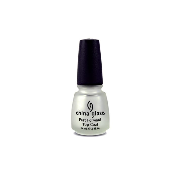 Frontage of China Glaze Fast Forward Top Coat nail polish coating in 0.5-ounce capped bottle