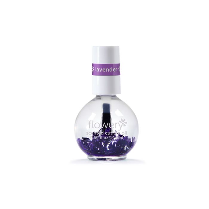 Front view of 14mlBottle of lavender cuticle oil from Flowery with flower-inspired label