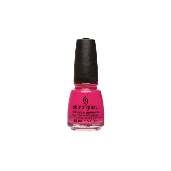 Bottle of nail polish from China Glaze with labeled text in Strawberry Fields color shade