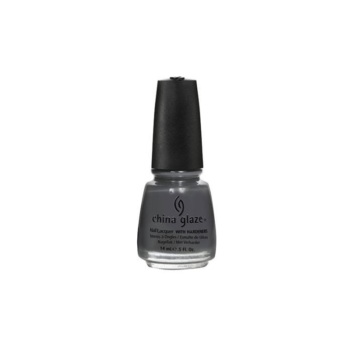 Deep gray color of a closed nail color bottle from China Glaze in Concrete Catwalk variant with label text
