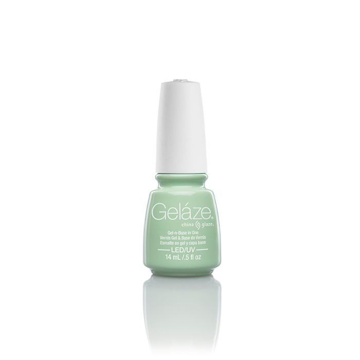 Front view of China Glaze - Gelaze nail lacquer top coat bottle with Re-fresh mint color variant