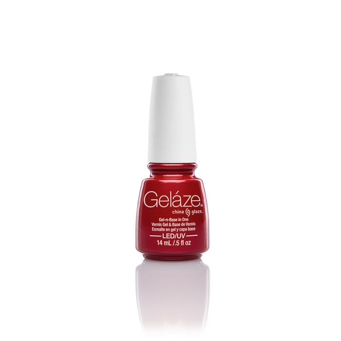 Frontage of China Glaze - Gelaze Gel polish for nails in a 0.5-ounce bottle with white lid in Red Pearl color variant