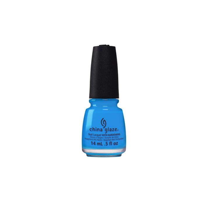 Frontage of a Bright light blue 0.5-ounce nail polish bottle of China Glaze Nail Lacquer in DJ Blue My Mind variant