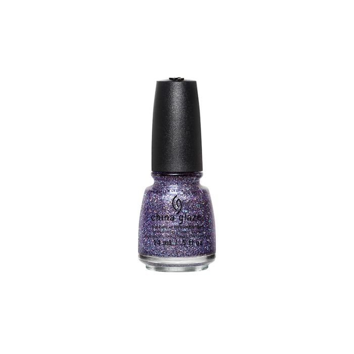 Front view of China Glaze Nail Lacquer in Pick Me Up Purple variant with black lid and label text
