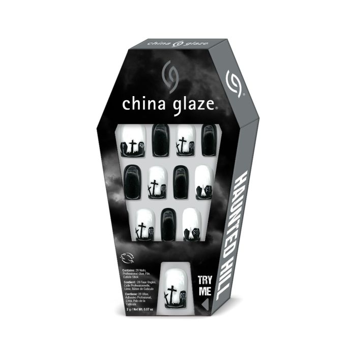 A China Glaze Nail Tips, HAUNTED HILL Black packaging display