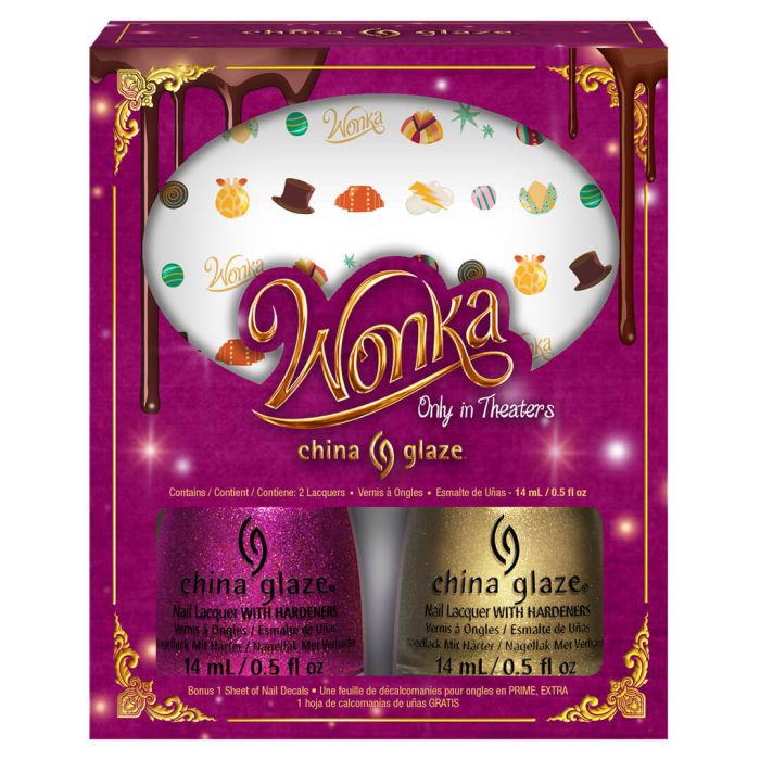 WONKA NAIL KIT (2 lacquers plus decals) - For the Dreamers / Wonka - Shades with a sprinkling of whimsical nail art decals. China Glaze's Holiday Collection "Wonka."