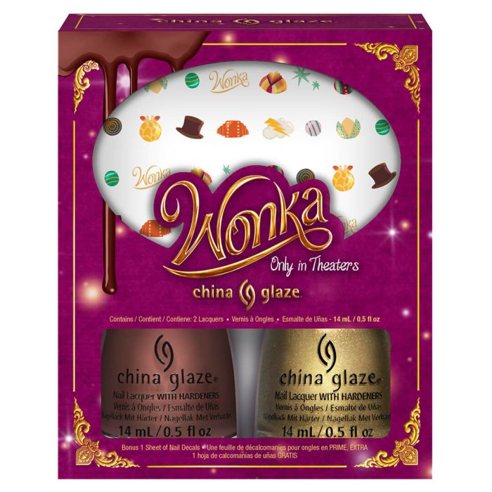 WONKA NAIL KIT (2 lacquers plus decals) - Secret Recipe / Wonka - Shades with a sprinkling of whimsical nail art decals. China Glaze's Holiday Collection "Wonka."
