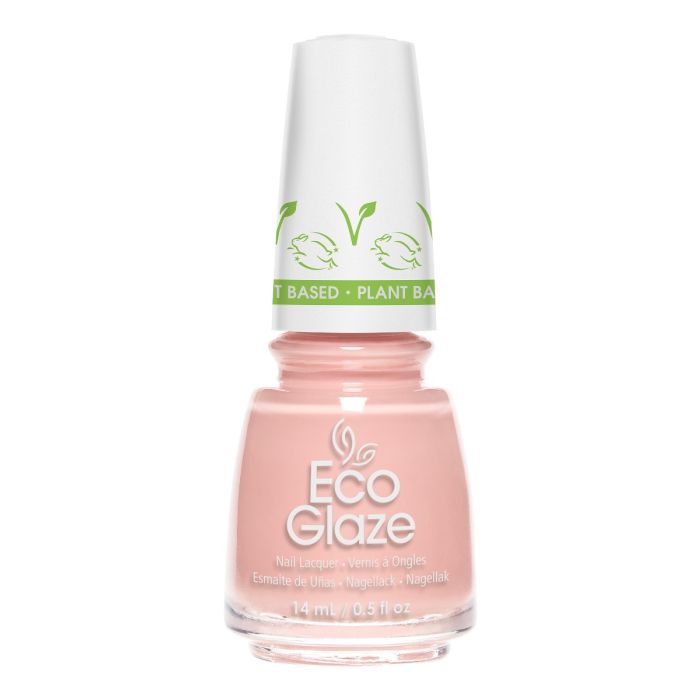 A capped 0.5-ounce bottle of China Glaze in Eco Glaze Nail Lacquer, Conscious Camelia color shade