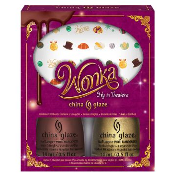 WONKA NAIL KIT (2 lacquers plus decals) - Secret Recipe / Wonka - Shades with a sprinkling of whimsical nail art decals. China Glaze's Holiday Collection 